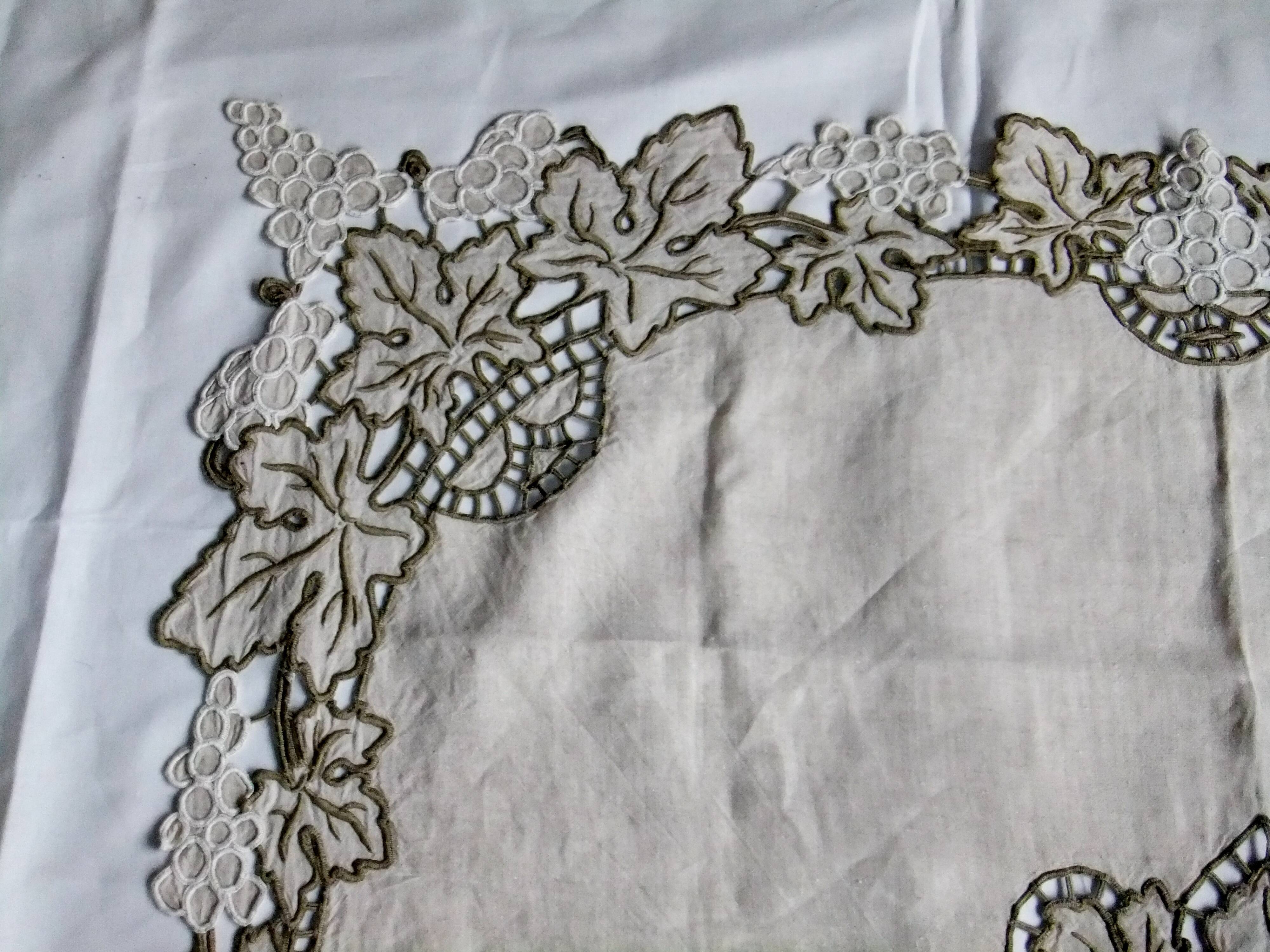 Antique linen tablecloth embroidery Richelieu scalloped linen centerpiece 128 cm