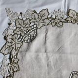 Antique linen tablecloth embroidery Richelieu scalloped linen centerpiece 128 cm