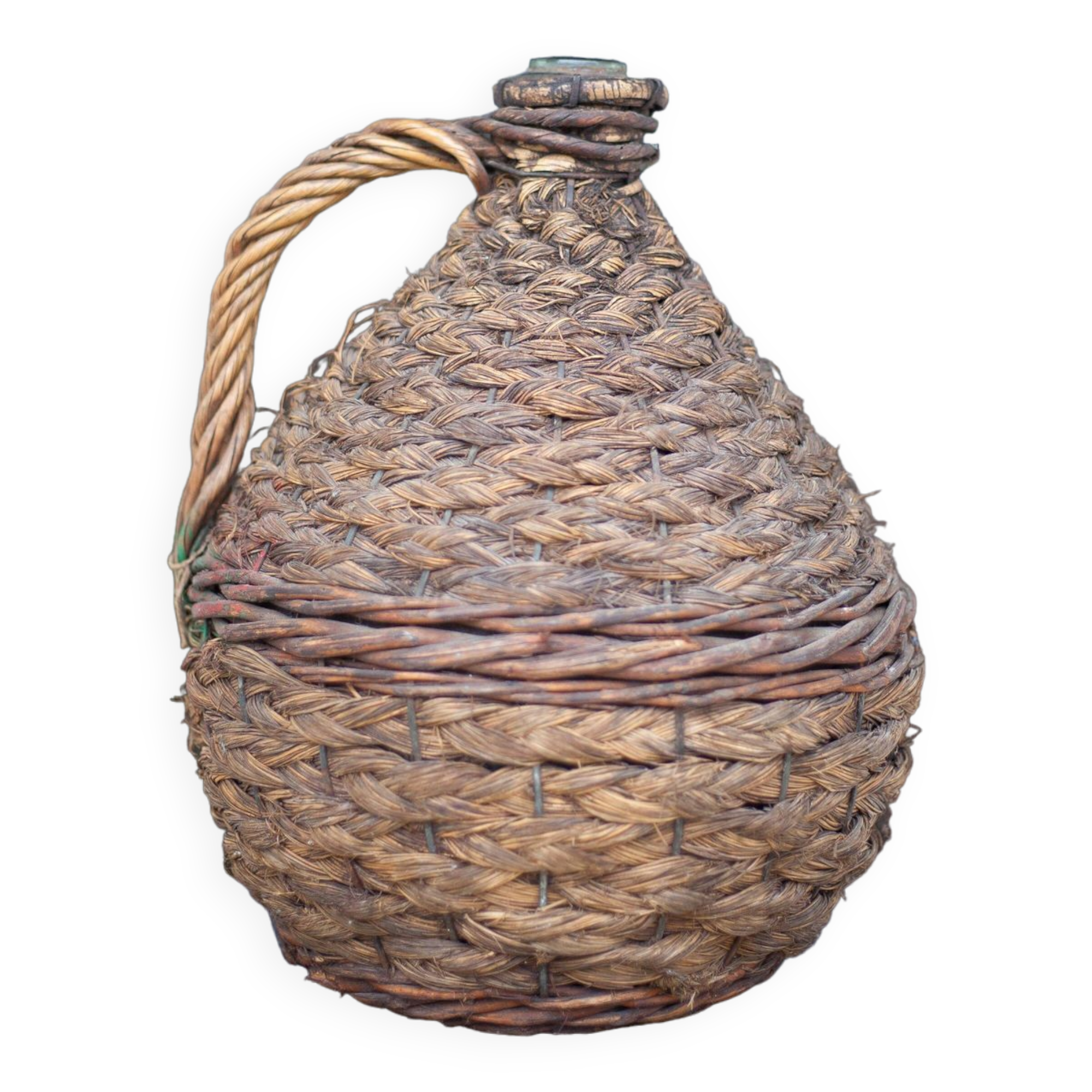 Lady Jeanne bottle, green glass bottle dressed in straw and wicker weaving, carboy, decorative v