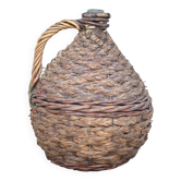 Bouteille dame Jeanne, bouteille verre vert habillée d'un tressage paille et osier, bonbonne, déco v