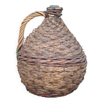 Lady Jeanne bottle, green glass bottle dressed in straw and wicker weaving, carboy, decorative v