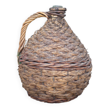 Bouteille dame Jeanne, bouteille verre vert habillée d'un tressage paille et osier, bonbonne, déco v