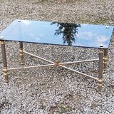 Coffee table of the 70s in neo-classical style gilded metal base and chrome smoked glass top