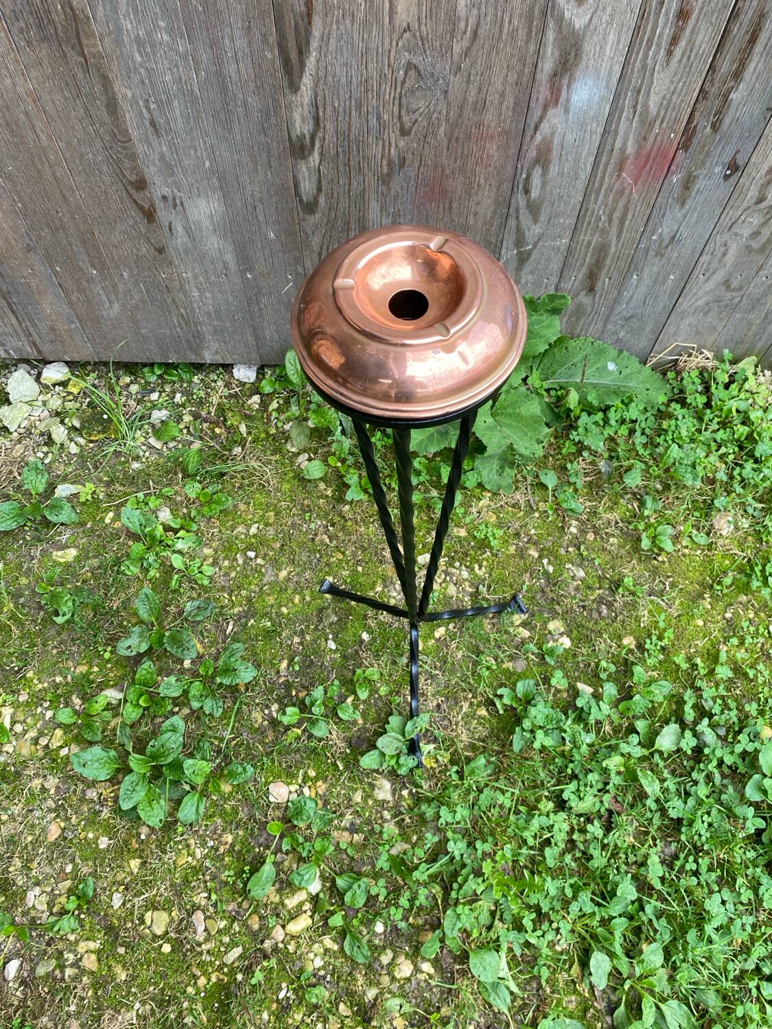 Antique copper ashtray on wrought iron stand twisted black vintage