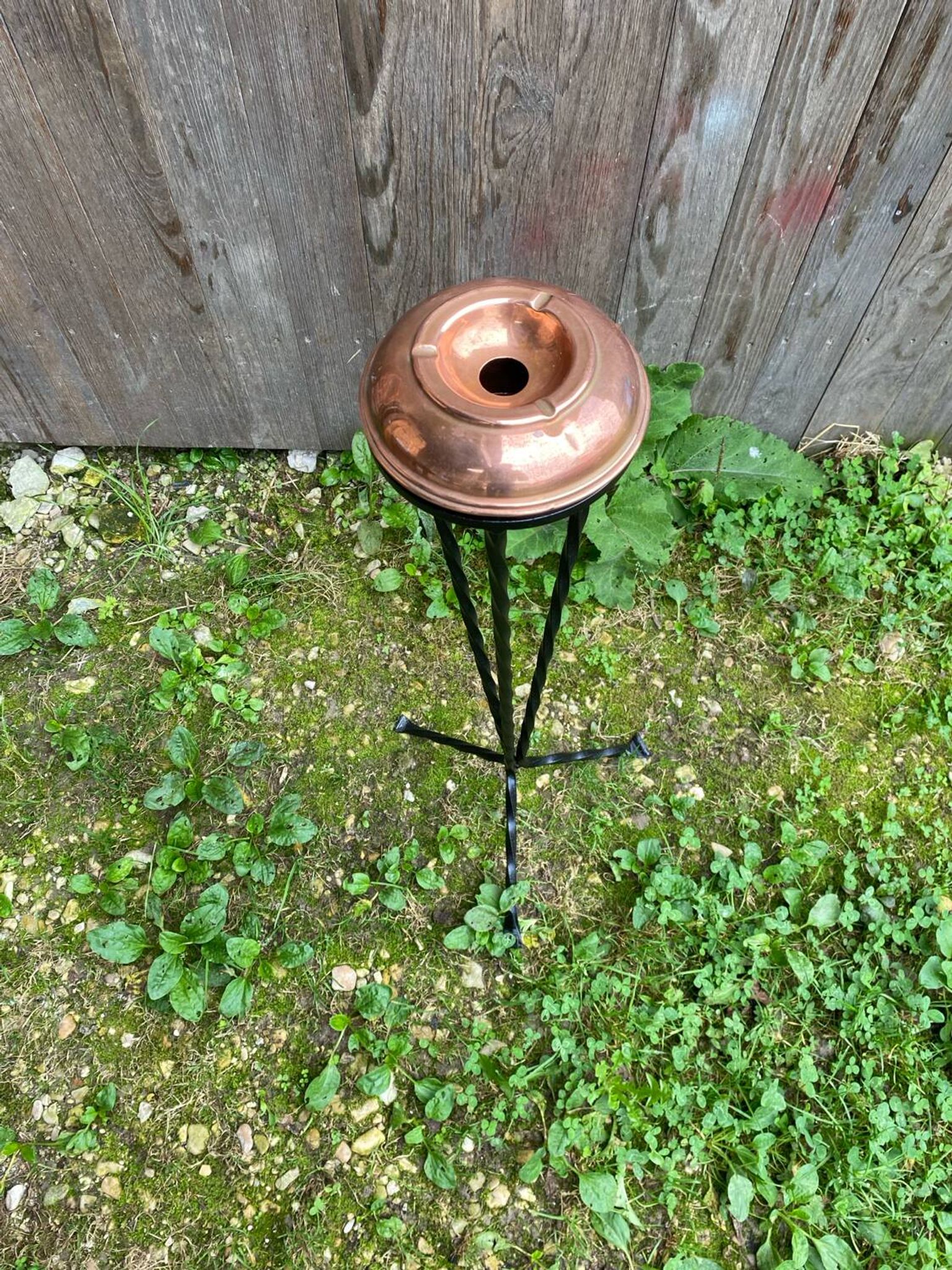 Antique copper ashtray on wrought iron stand twisted black vintage