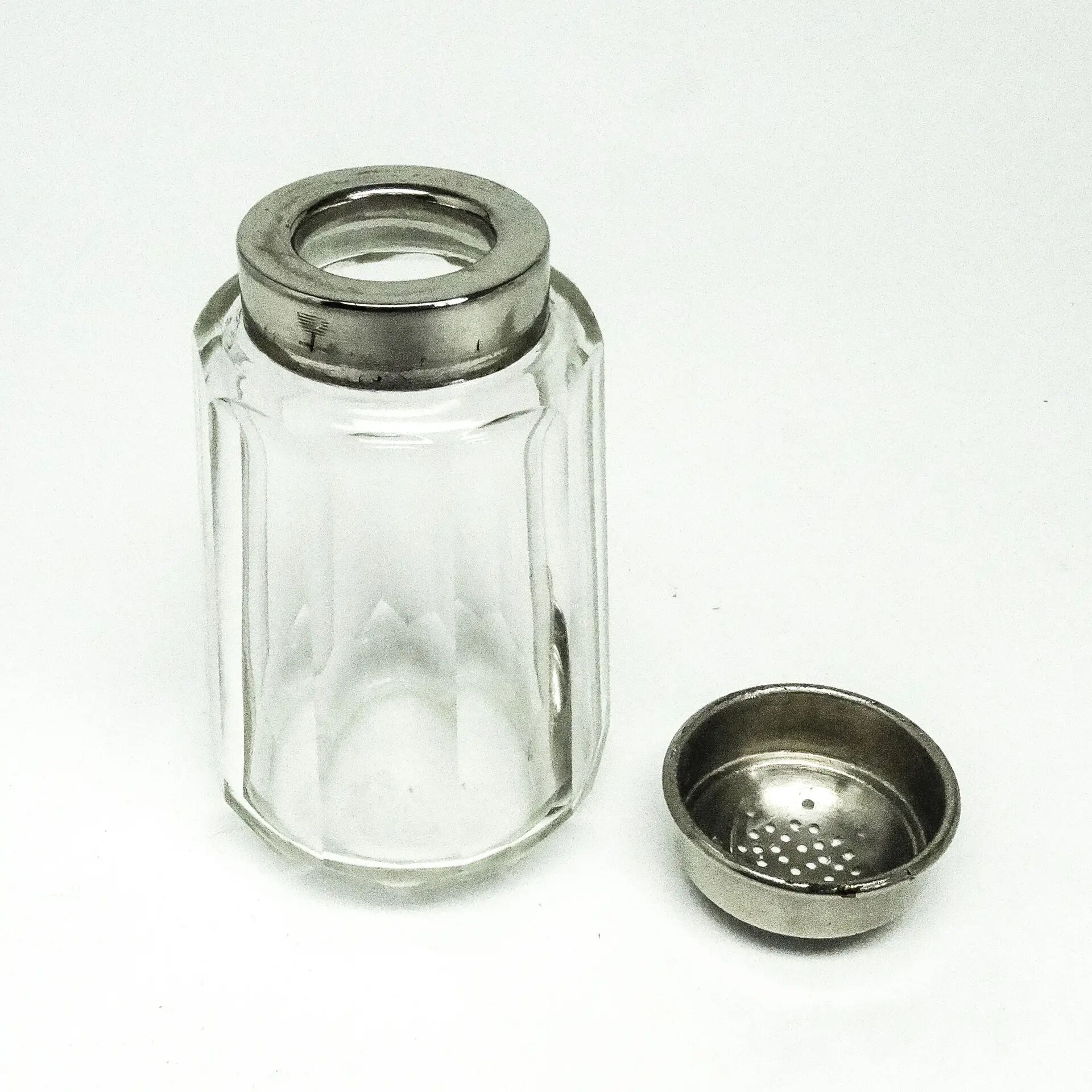 Art Deco powdered sugar bowl, glass, chrome-plated brass, Belgium, 1930s