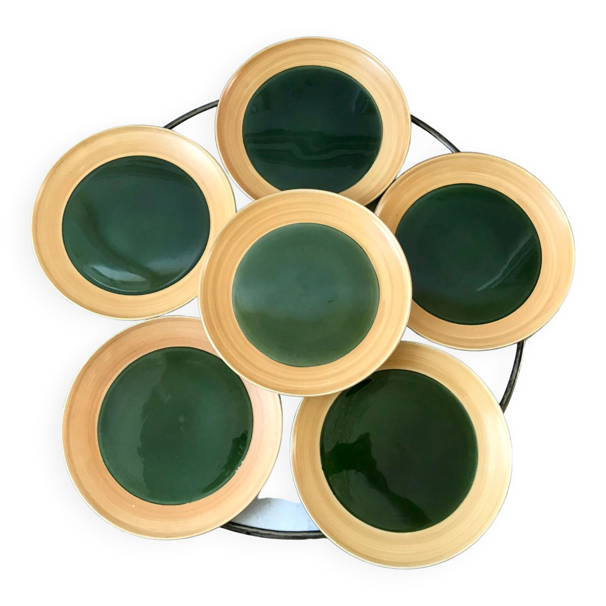 Set of 6 flat plates in green enamel ceramic salins model "capvern" years 60-70