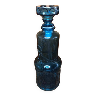 Ancienne bouteille verre moulé bleu + bouchon vintage