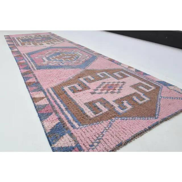 1970s Vintage Turkish Oushak Handmade Wool Cotton Pink Runner Rug 89x299