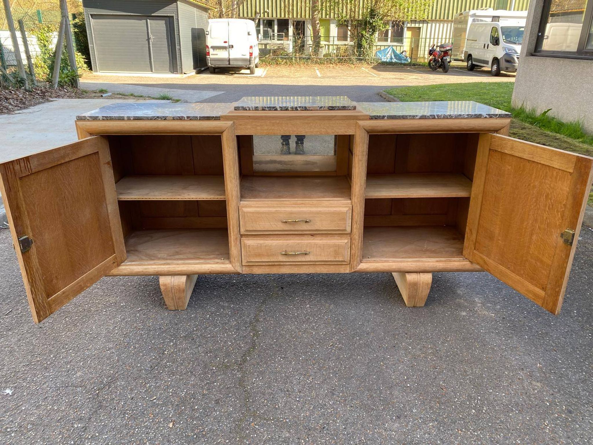 Renovated art deco sideboard in raw solid oak and gray marble 200cm