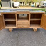 Buffet enfilade art déco rénovée en chêne massif brut et marbre gris 200cm