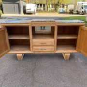 Renovated art deco sideboard in raw solid oak and gray marble 200cm