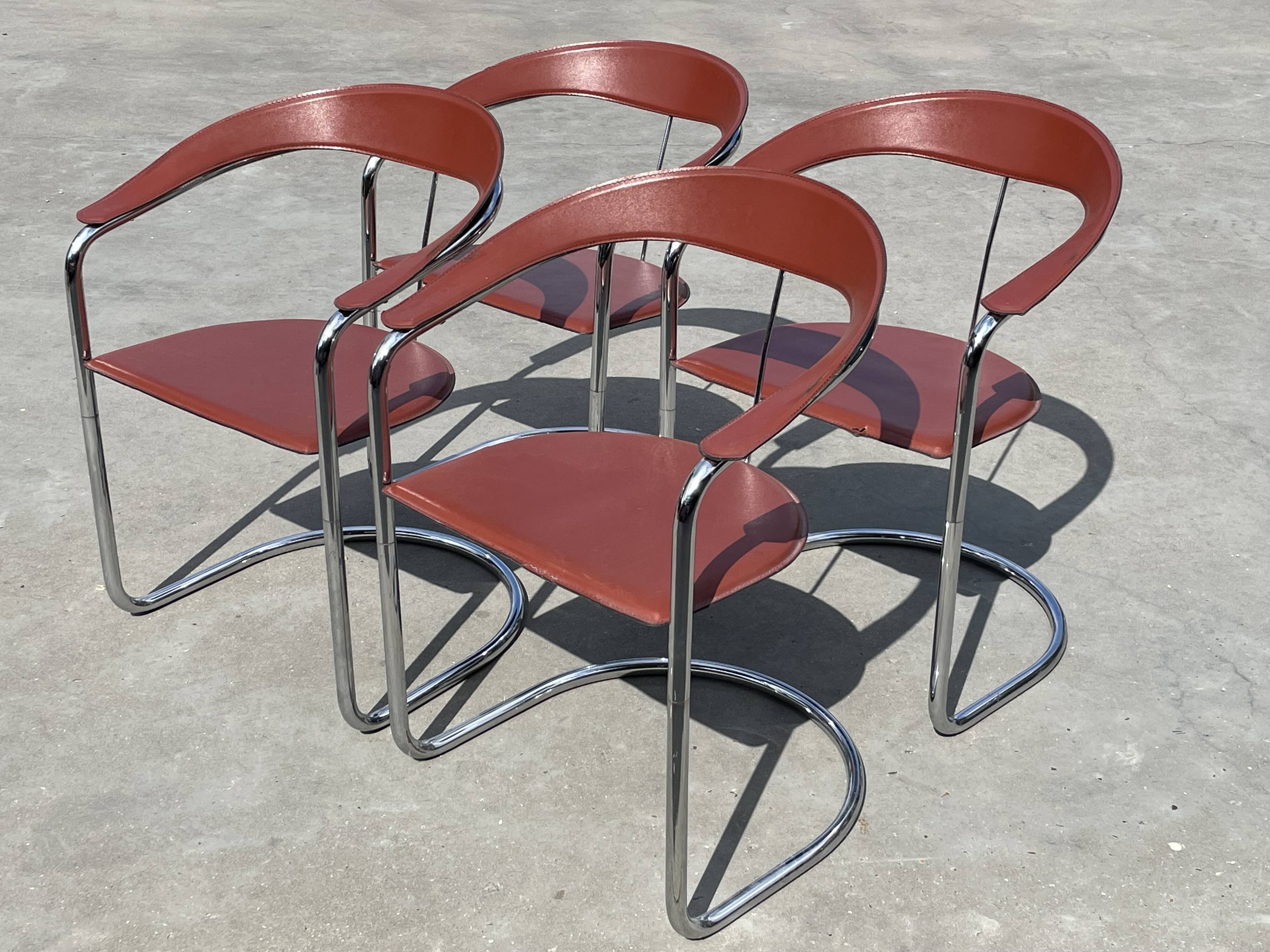 Set of 4 design cantilever chairs cognac leather and chrome design