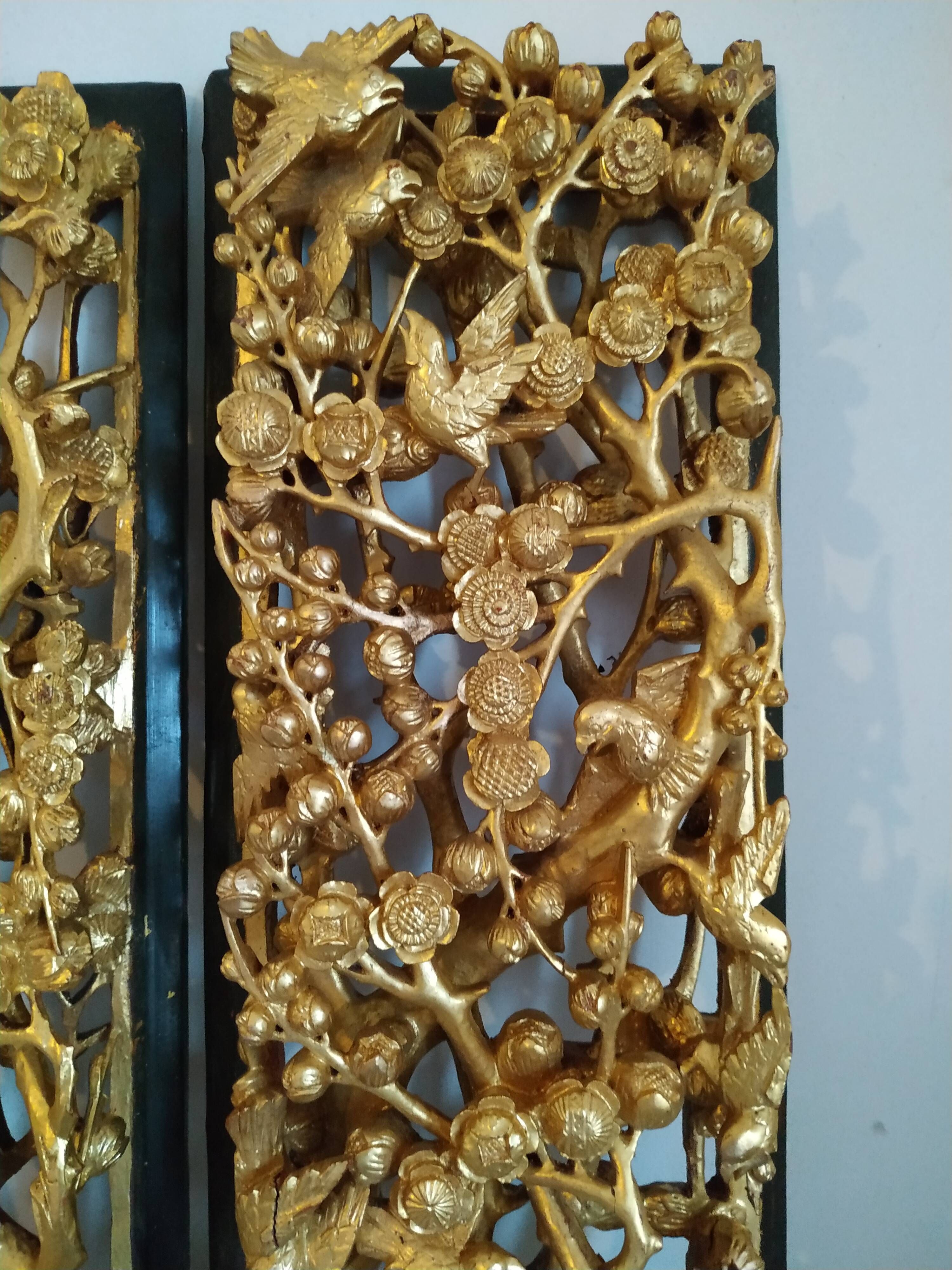Pair of Ningbo panels in Chinese carved gilded wood