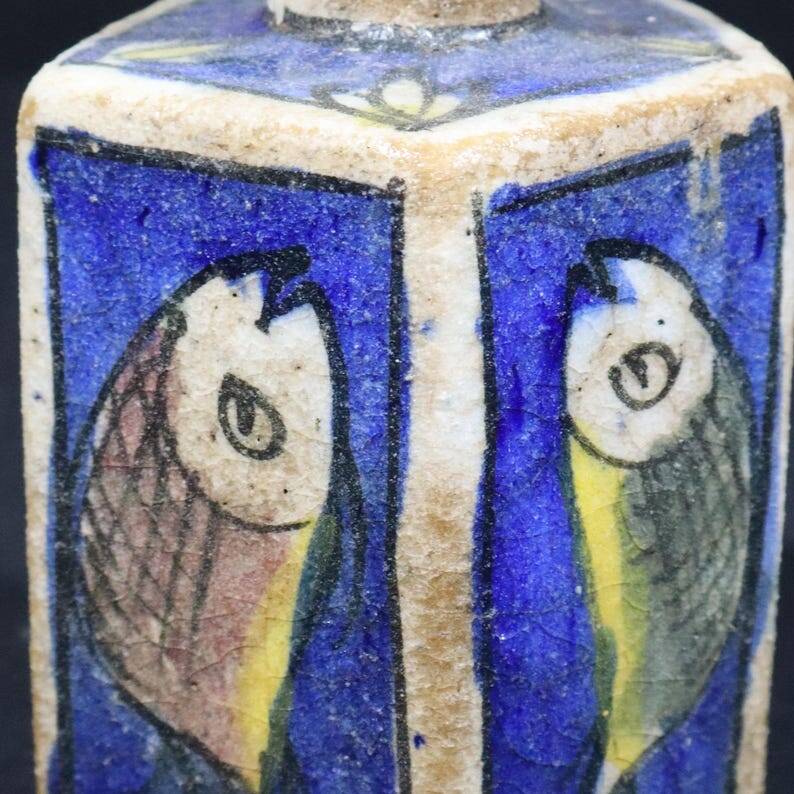 Antique Qajar Pottery Fish Vase Glazed Ceramic Hand Painted Antique Tea Bottle