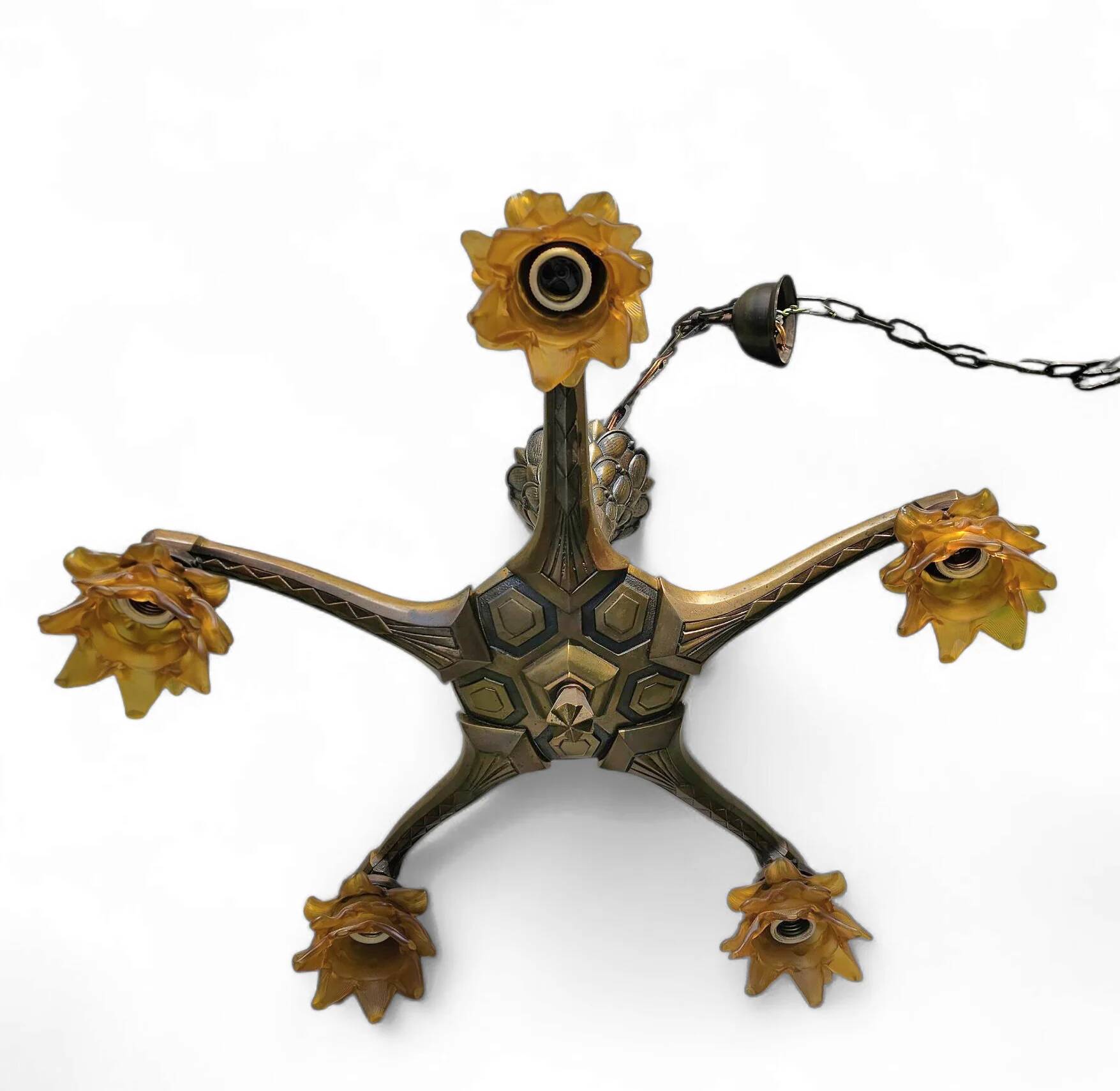 5 arms Art Deco / Art Nouveau / brass hanging lamp / Hand blown floral shades