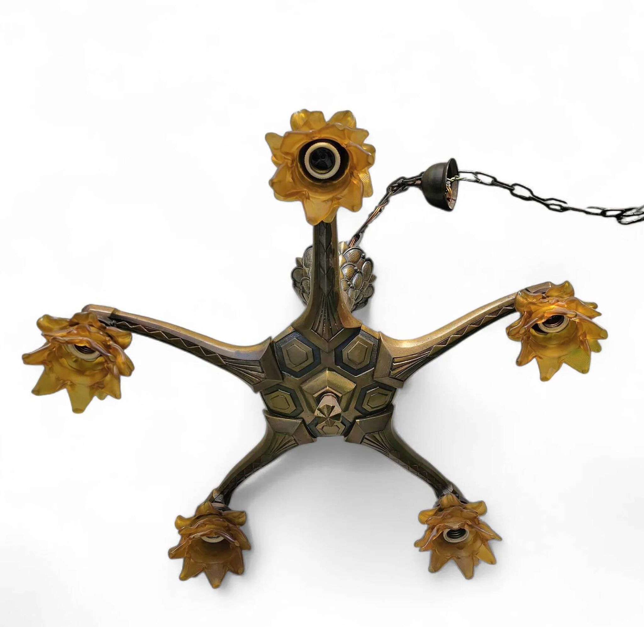 5 arms Art Deco / Art Nouveau / brass hanging lamp / Hand blown floral shades