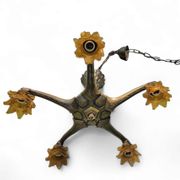 5 arms Art Deco / Art Nouveau / brass hanging lamp / Hand blown floral shades