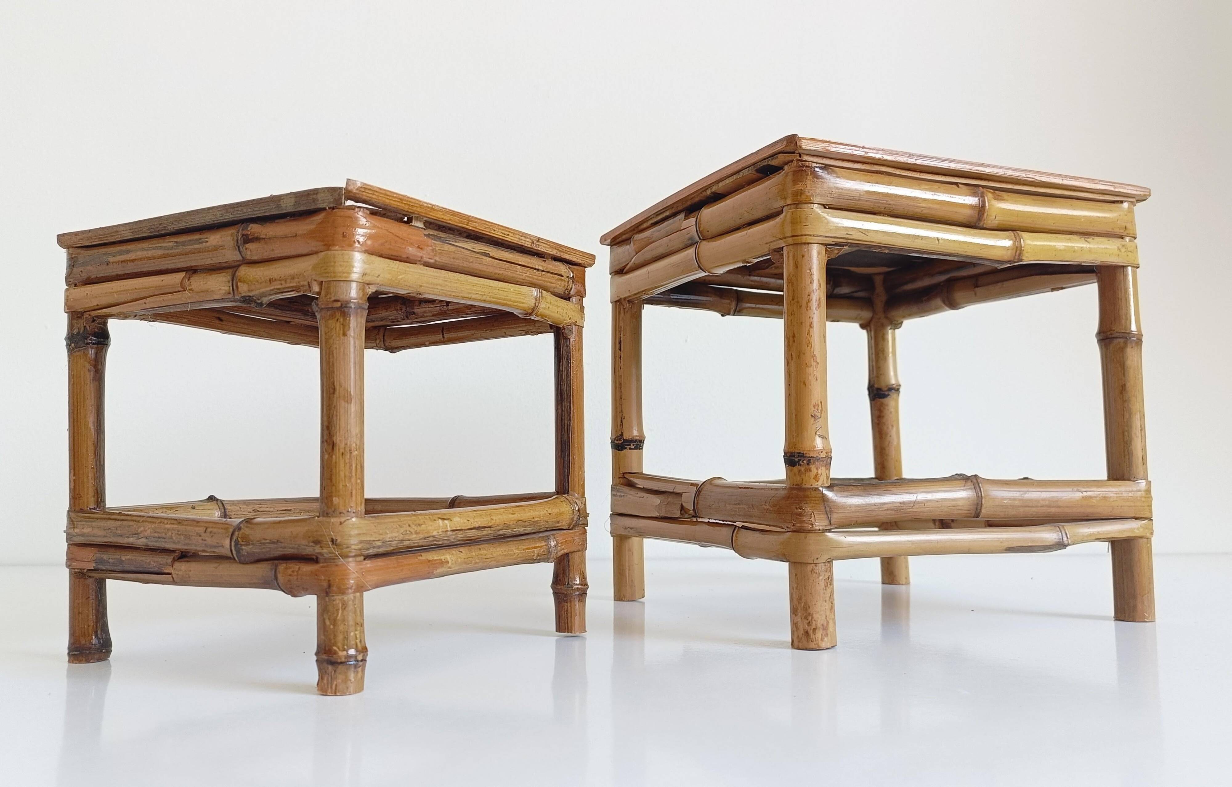 1950s Mid-Century French Bamboo and Wood Plant Pedestals, Hand-Crafted