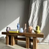 Solid wood bench with openwork base crossed by a cylinder - Mango wood