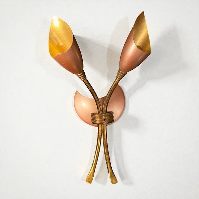 Vintage 1950s brass double wall sconce in the Italian Stilnovo style