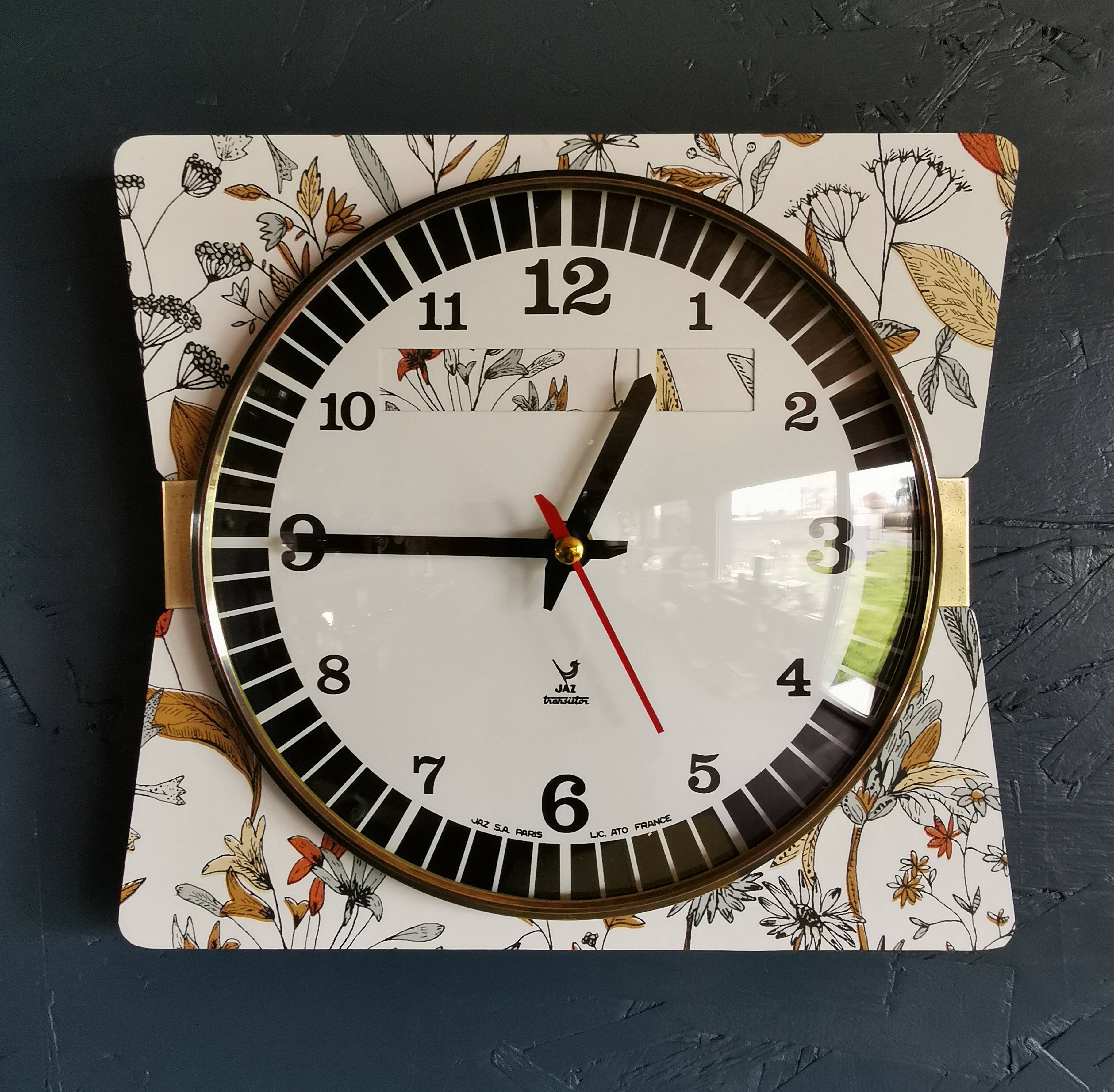 Vintage formica clock silent wall pendulum 60s "Jaz flowers"