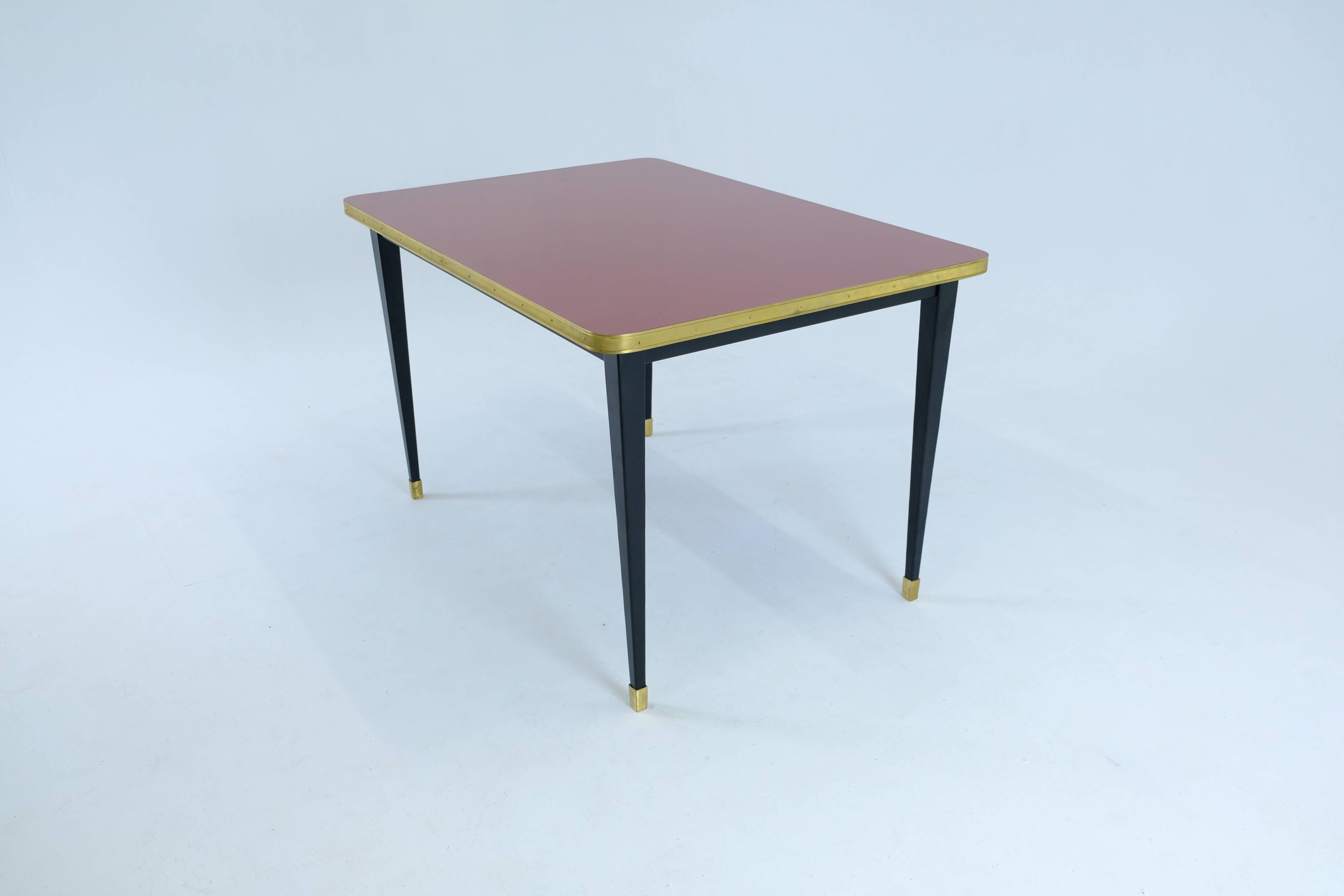 Dining Table, High Gloss Laminate, Brass, Tapered Legs, Burgundy - S