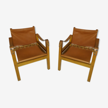 Pair of safari leather armchairs 50s