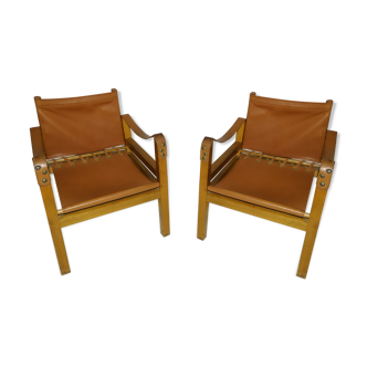 Pair of safari leather armchairs 50s