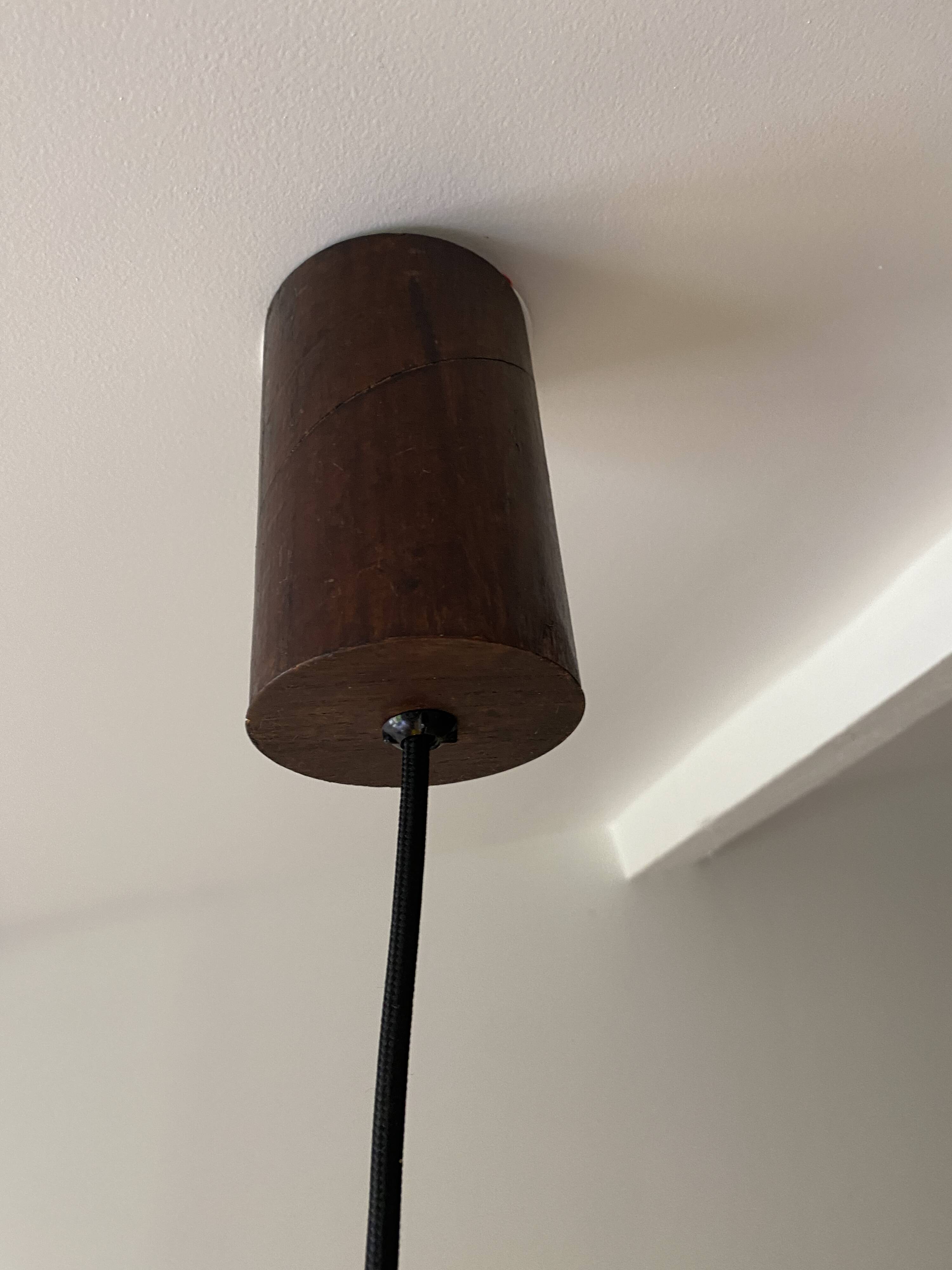 Vintage half globe pendant light in green opaline, imitation teak elements, 50s/60s