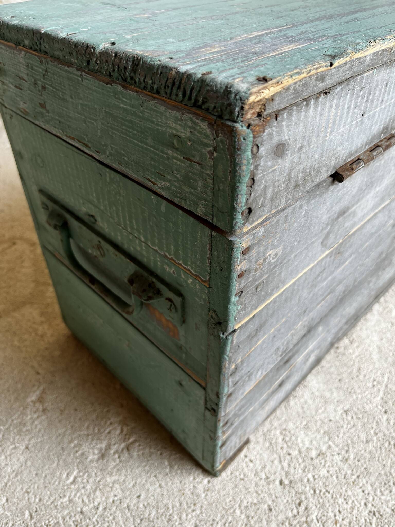 Patinated green wooden chest