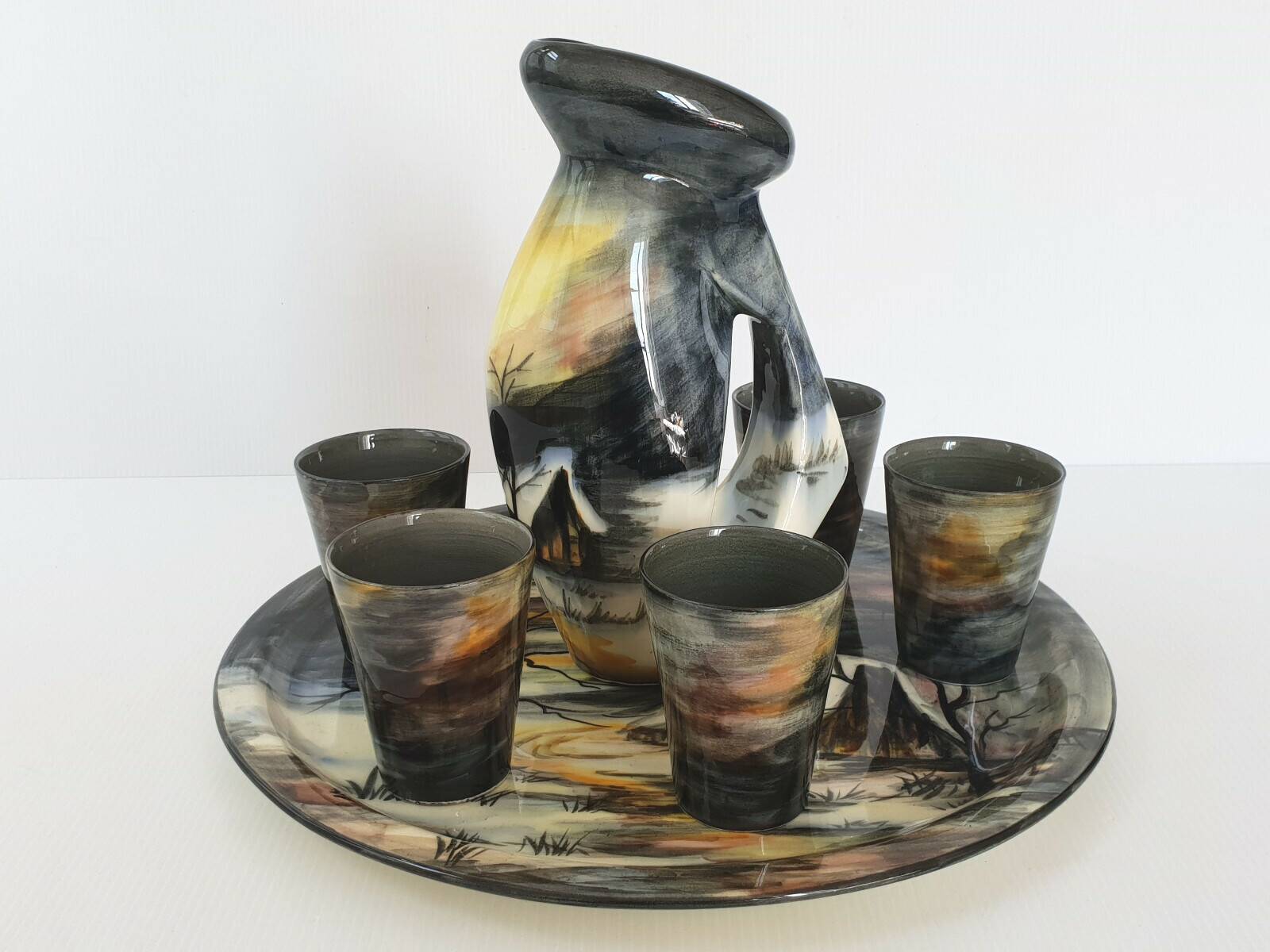 1950s vintage ceramic monaco monacera platter carafe & glasses set