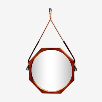 Miroir vintage octogonal en teck de style scandinave, Italie 1960