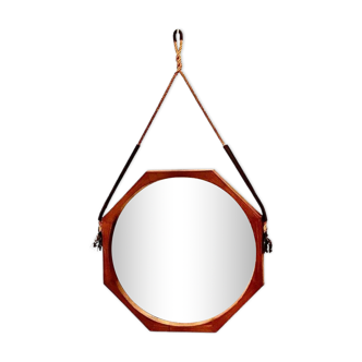 Miroir octogonal vintage en teck de style scandinave, Italie années 1960