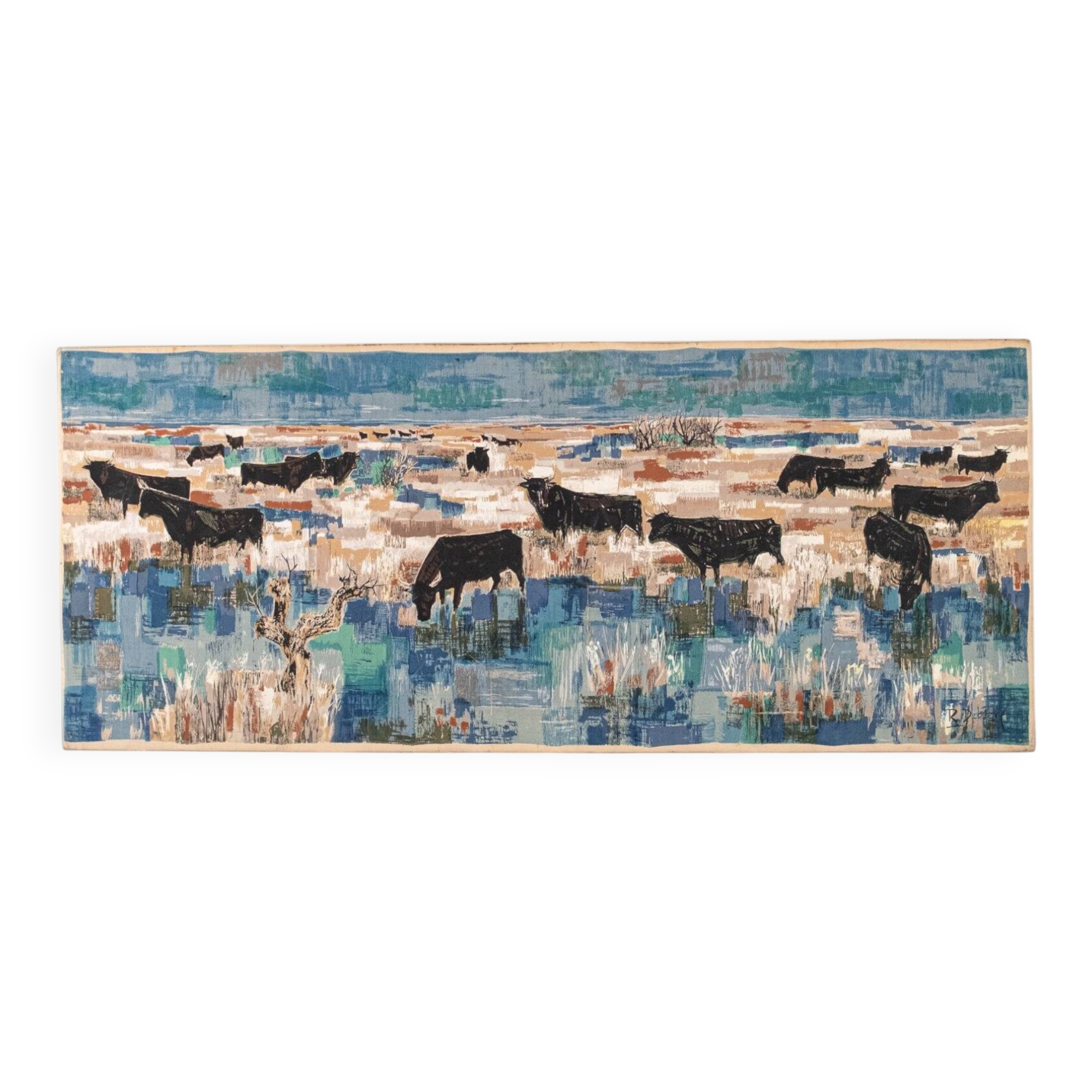 Printed wall tapestry, Bulls in Camargue, Robert Debiève, France
