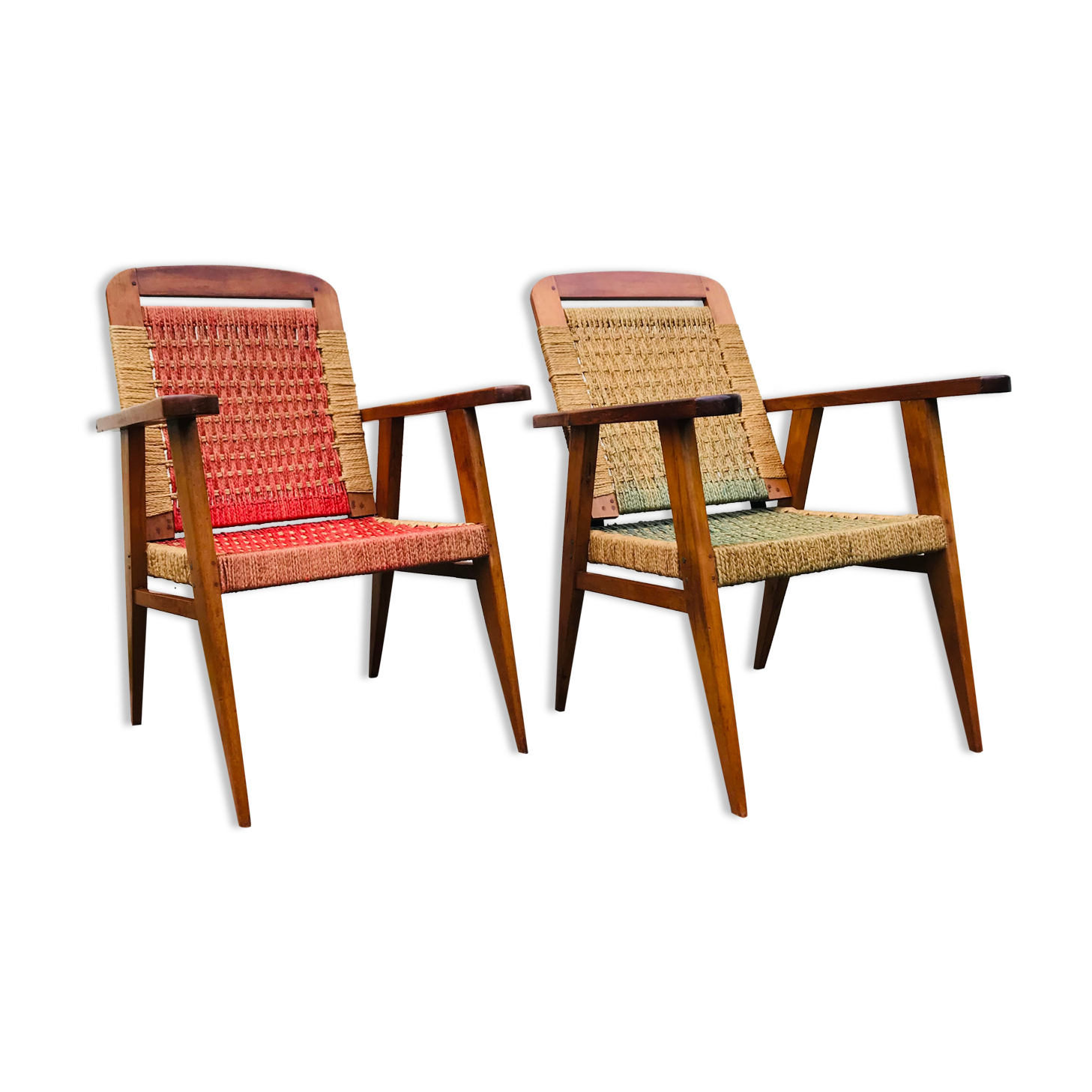 Pair of vintage 1940 armchairs in mahogany and braided rope