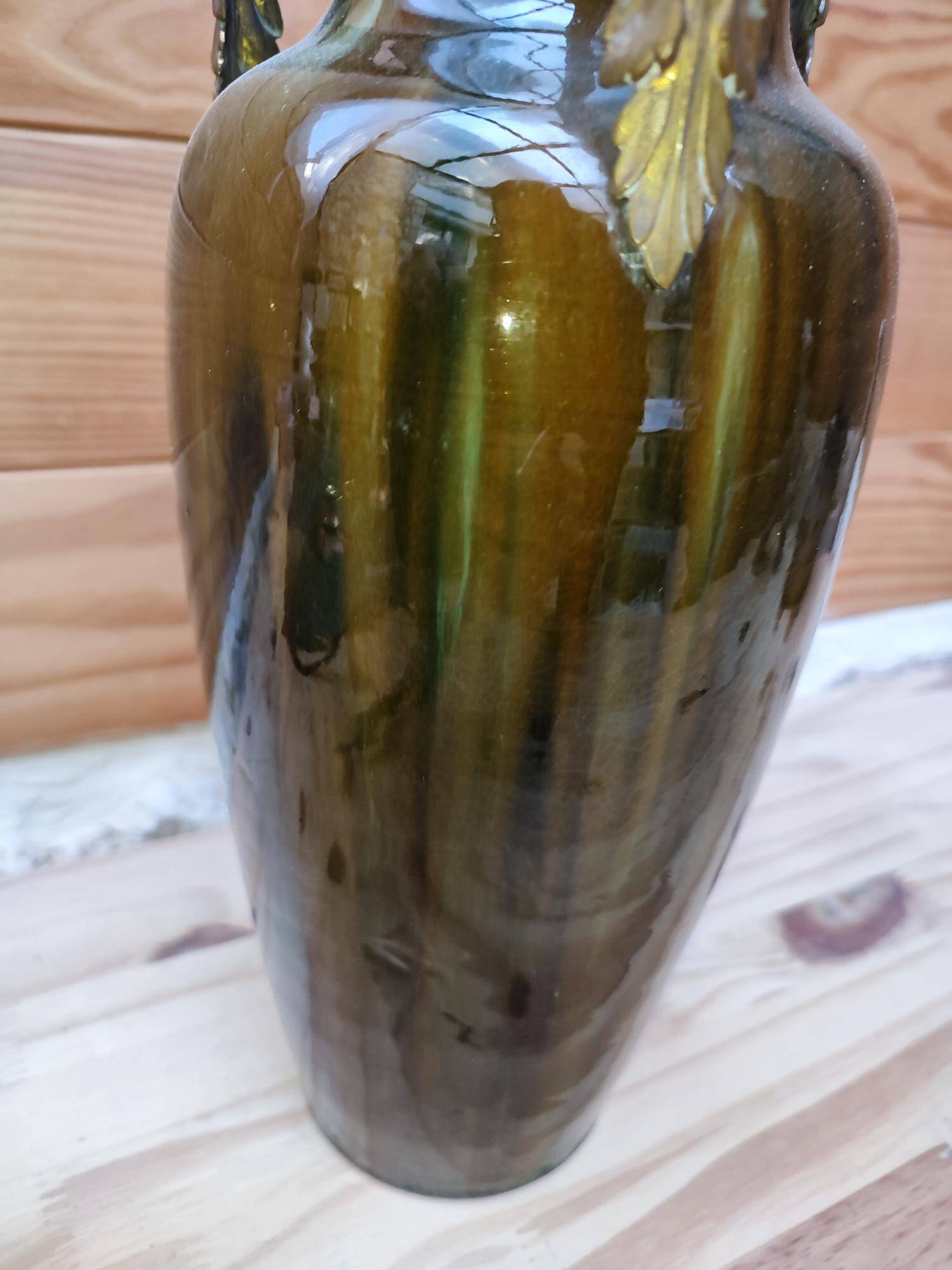 Ceramic vase with dripping in the style of jerome massier or belgian work with bronze handles