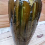 Ceramic vase with dripping in the style of jerome massier or belgian work with bronze handles