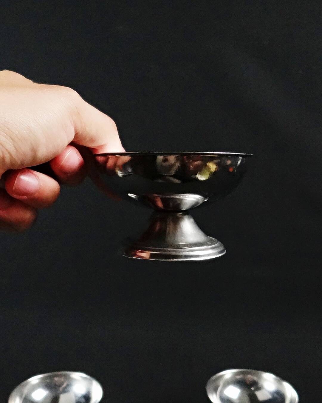 6 stainless steel ice cream cups on a stand, vintage dessert service