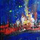 Abstract blue and red colors acrylic painting on stretched canvas