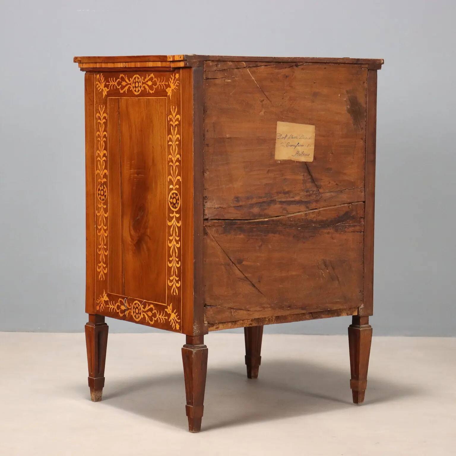 Antique walnut bedside table with maple inlays, converted into a bar cabinet, 19th century.