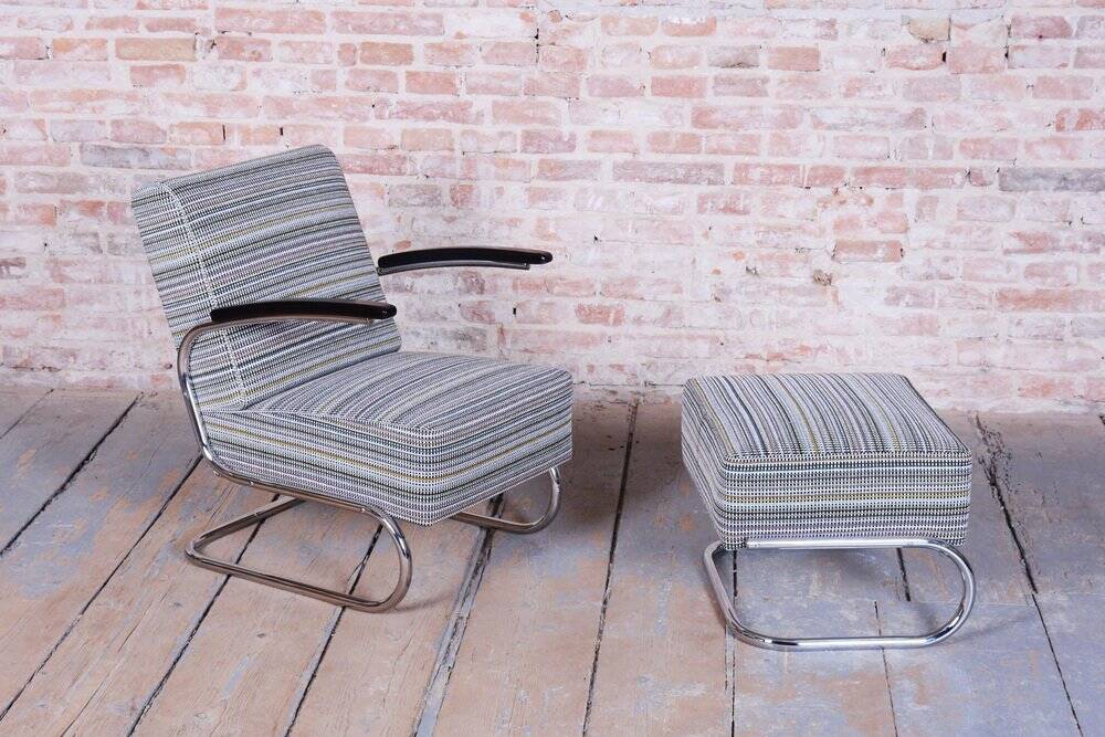 Set of Czech Bauhaus Armchair and Ottoman attributed to W. Gispen for Mücke-Melder, 1930s, Set of 2
