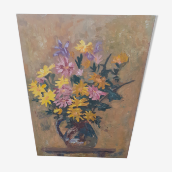 Huile sur panneau, nature morte fleurs, signé