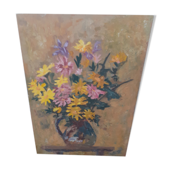 Oil on panel, still life flowers, signed