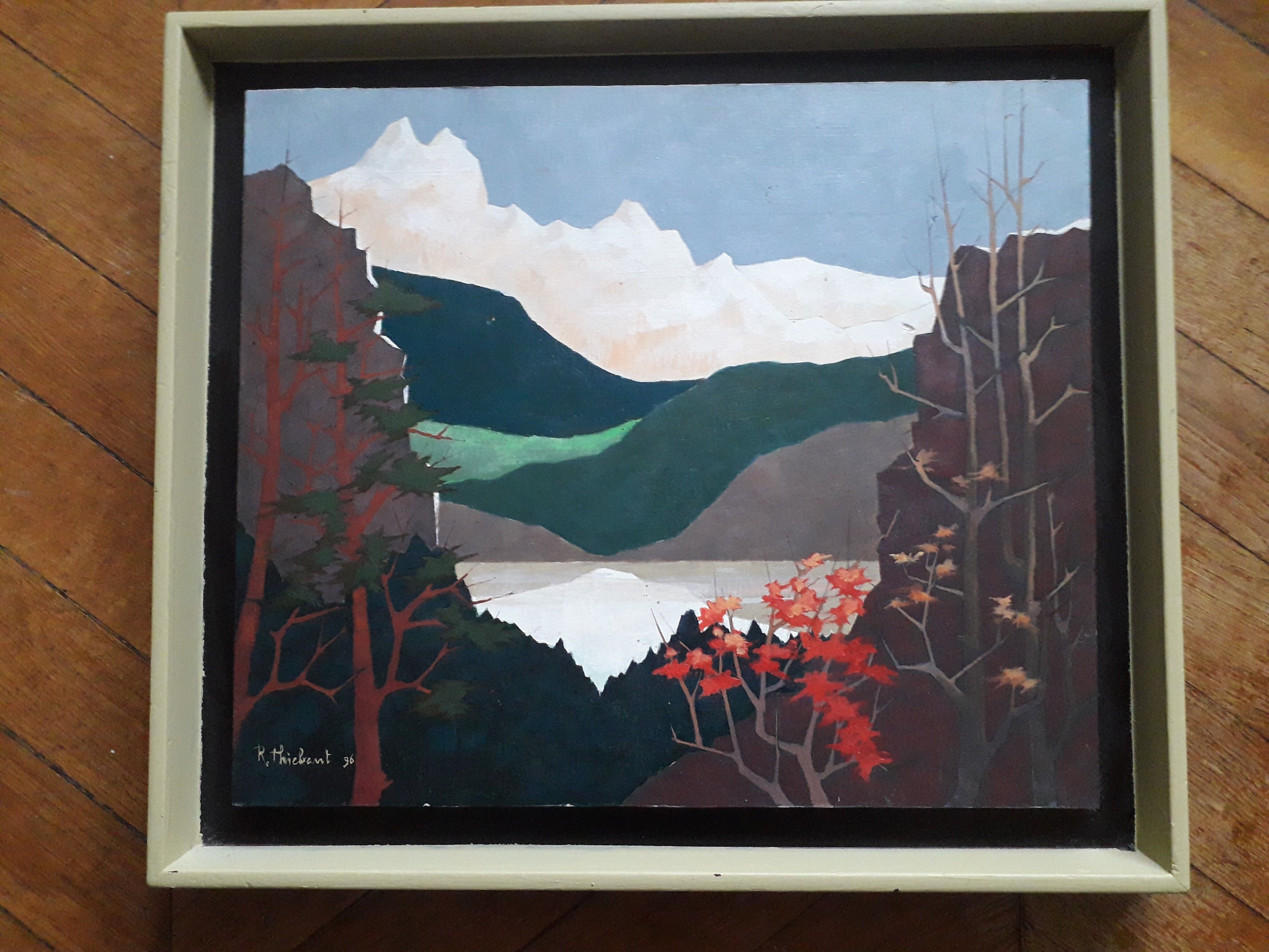 Old painting signed depicting a landscape of mountains