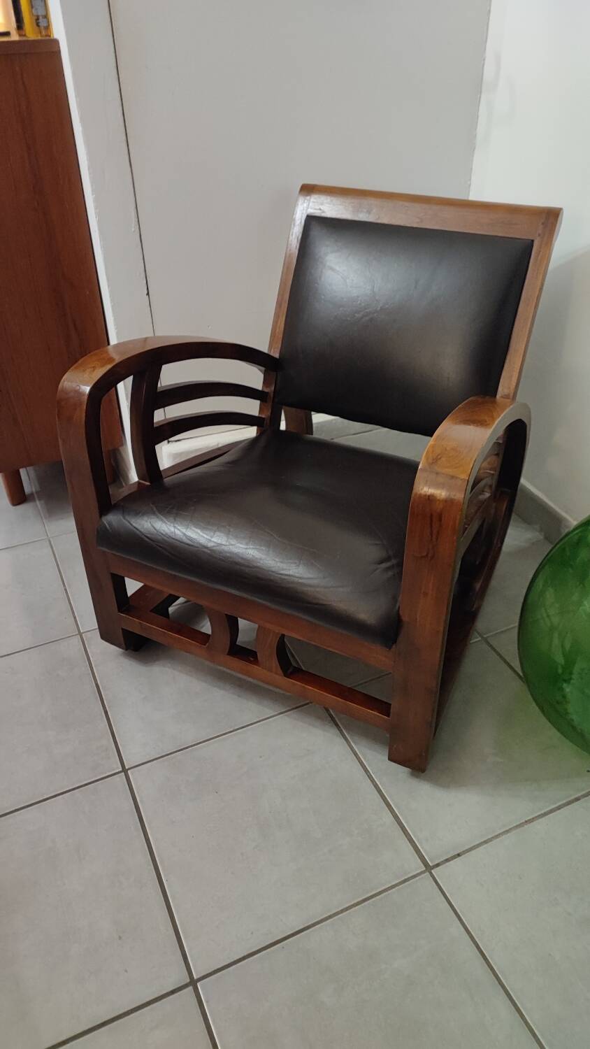 Leather and teak armchair