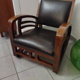 Leather and teak armchair