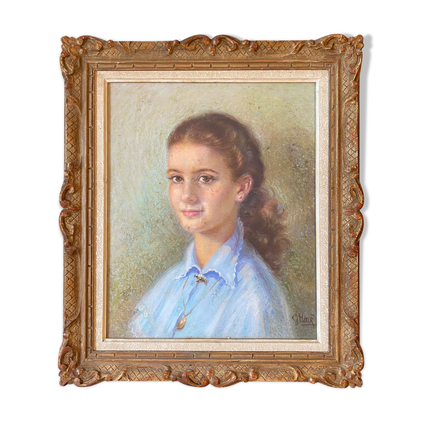 Painting "Young girl with pendant"" Pastel signed J. Macé around 1940 + frame