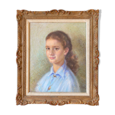 Painting "Young girl with pendant"" Pastel signed J. Macé around 1940 + frame