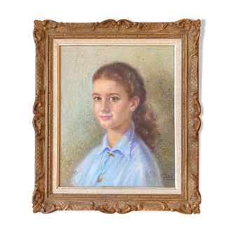 Painting "Young girl with pendant"" Pastel signed J. Macé around 1940 + frame